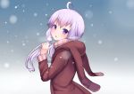  1girl ahoge animal_hood as_(27273212) brown_scarf bunny_hood coat eyebrows eyebrows_visible_through_hair from_side grey_background hair_bobbles hair_ornament head_tilt hooded_jacket long_sleeves looking_to_the_side low_twintails purple_hair scarf short_hair_with_long_locks short_twintails simple_background sleeves_folded_up snowflakes snowing solo striped striped_scarf twintails upper_body violet_eyes vocaloid voiceroid winter_clothes winter_coat yuzuki_yukari 