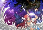  1boy 1girl blue_eyes blue_hair breasts brown_hair cleavage erza_scarlet eye_contact fairy_tail hair_over_one_eye heart holding_hands jellal_fernandes long_hair looking_at_another redhead rokugatsu_no_usagi short_hair spiky_hair wings 