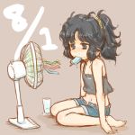  1girl alternate_costume alternate_hairstyle amagami black_eyes black_hair cup dated denim denim_shorts drinking_glass eating electric_fan grey_background grey_shirt hanimaru_(h@nimaru) hot ice_cube long_hair melting messy_hair navel ponytail popsicle shirt short_shorts shorts sitting solo stream streamers sweat tanamachi_kaoru tank_top unbuttoned 