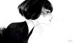  androgynous bangs black_eyes black_hair bob_cut closed_mouth from_side looking_away moiom10 original profile red_lips short_hair signature simple_background solo upper_body white_background 