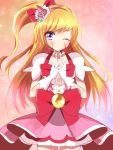  1girl ;) asahina_mirai blonde_hair blush choker cosplay cure_flora cure_flora_(cosplay) cure_miracle gloves go!_princess_precure gradient gradient_background haru_(nature_life) hat long_hair mahou_girls_precure! one_eye_closed pink_hair precure side_ponytail smile solo white_gloves witch_hat 