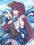  blue_hair bodysuit braid breasts cape commentary_request covered_navel cu_chulainn_(fate/grand_order) detached_sleeves fate/grand_order fate_(series) highres lancer large_breasts long_hair purple_hair red_eyes scathach_(fate/grand_order) shimo_(s_kaminaka) staff very_long_hair weapon 