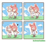  &gt;_&lt; 2girls 4koma ahoge animal_ears artist_name braid bunny_girl chibi closed_eyes comic greenteaneko hooves long_hair monster_girl multiple_girls original rabbit_ears redhead sheep_ears sheep_girl silent_comic single_braid slit_pupils smile sneezing white_hair wool 