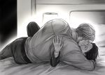  2boys bed closed_eyes erwin_smith hug kiss levi_(shingeki_no_kyojin) monochrome multiple_boys shingeki_no_kyojin tizz yaoi 