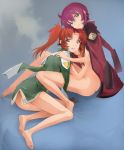  barefoot bottomless breasts gundam gundam_seed gundam_seed_destiny jacket_on_shoulders lunamaria_hawke meyrin_hawke miyo_(13th_floor) nude purple_hair redhead twintails violet_eyes 