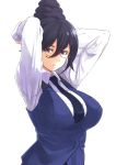  1girl arms_up black_hair blue_eyes breasts eyebrows fumitan_admoss glasses gundam gundam_tekketsu_no_orphans hair_bun highres large_breasts looking_at_viewer nanaku_teiru necktie short_hair solo tied_hair vest 