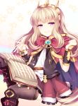  1girl agekichi_(heart_shape) blonde_hair book cagliostro_(granblue_fantasy) cape granblue_fantasy heart heart-shaped_pupils long_hair smile solo symbol-shaped_pupils thigh-highs violet_eyes 