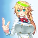  1girl aqua_eyes asamura_hiori blonde_hair blush braid breasts charlotte_dunois charlotte_dunois_(cosplay) cosplay fang gen&eacute;_(pso2) green_hair hair_between_eyes highres huge_breasts infinite_stratos long_hair looking_at_viewer multicolored_hair open_mouth phantasy_star phantasy_star_online_2 pointing smile solo twin_braids twintails 