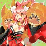  1girl :d animal_ears bell bell_collar bow breasts caster_(fate/extra) cleavage collar detached_sleeves edel_(edelcat) fangs fate/grand_order fate_(series) fox_ears fox_tail gloves hair_bow highres japanese_clothes kimono obi open_mouth paw_gloves pink_hair ponytail sash smile solo tail tamamo_cat_(fate/grand_order) thigh-highs yellow_eyes zettai_ryouiki 