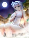  1girl bangs blue_eyes blush breasts cleavage closed_mouth collarbone eyebrows eyebrows_visible_through_hair from_below full_moon grass guardian-panda hairband highres holding konpaku_youmu large_breasts moon naked_towel night night_sky onsen short_hair silver_hair sitting sky smile soaking_feet solo star_(sky) steam sweat touhou towel wooden_wall 