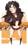  1boy 1girl amagami bandeau black_eyes black_hair blush brown_jacket choker collar collarbone demon_horns demon_tail demon_wings facing_viewer fur-trimmed_jacket fur-trimmed_sleeves fur_trim gradient gradient_background grin guriko_(mossari) halloween hands_on_hips highres horns jack-o&#039;-lantern jacket legs looking_at_viewer messy_hair midriff navel one_eye_closed open_clothes open_jacket pumpkin_on_head shoes short_short smile tachibana_jun&#039;ichi tail tanamachi_kaoru trick_or_treat unzipped uwabaki wings 