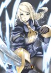  1girl agrias_oaks armor blonde_hair blue_eyes braid breasts corset final_fantasy final_fantasy_tactics gloves highres knight long_hair pauldrons single_braid solo sword weapon 