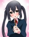  1girl black_hair blush brown_eyes highres k-on! long_hair nakano_azusa oobashin open_mouth pocky school_uniform sketch solo twintails 