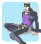  1boy abs bird black_hair blue_eyes chick gakuran hat jojo_no_kimyou_na_bouken kuujou_joutarou male_focus muscle outline school_uniform shooarashi sitting too_many too_many_chicks 