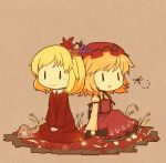  2girls aki_minoriko aki_shizuha akihiyo autumn_leaves back-to-back blonde_hair chibi dragonfly food fruit grapes hair_ornament hat multiple_girls open_mouth rabbit siblings sisters touhou |_| 