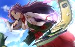  1girl airplane earrings grin japanese_clothes jewelry jun&#039;you_(kantai_collection) kantai_collection long_hair purple_hair scroll smile violet_eyes weasel_(close-to-the-edge) 