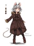  1girl alternate_costume animal_ears black_legwear blush boots coat color_guide contemporary full_body grey_eyes grey_hair long_sleeves mouse_ears mouse_tail nazrin open_mouth pantyhose short_hair simple_background smile solo tail touhou toutenkou twitter_username white_background 