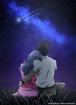  1boy 1girl arya black_hair blue_hair gray_fullbuster japanese_clothes juvia_lockser kimono long_hair night short_hair sitting sky spiky_hair star_(sky) starry_sky yukata 