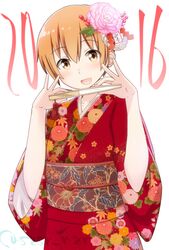  closed_fan fan folding_fan inami_mahiru japanese_clothes kimono new_year orange_eyes orange_hair short_hair suzushiro_nazuna working!! 