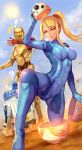  ! /\/\/\ 1girl ? bb-8 blonde_hair blue_eyes blush bodysuit breasts c-3po covered_navel crossover desert large_breasts long_hair metroid ponytail r2-d2 robot samus_aran skin_tight star_wars star_wars:_the_force_awakens sun whistlerx zero_suit 