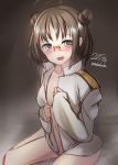  1girl 2015 ahoge blush breasts brown_background brown_hair dated glasses heart heart-shaped_pupils kantai_collection naka_(kantai_collection) nekobaka partially_undressed sitting smile solo symbol-shaped_pupils twitter_username wariza 