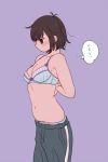  1girl adjusting_bra adjusting_clothes arms_behind_back black_eyes black_hair bra breasts cleavage dressing from_side genderswap matsuno_ichimatsu messy_hair moji_(ooyr) navel osomatsu-kun osomatsu-san panties pants profile purple_background short_hair simple_background sketch solo stomach striped striped_bra thinking thought_bubble track_pants underwear 