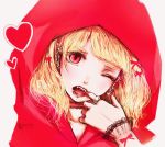  1girl blonde_hair bow ear_piercing eyelashes finger_in_mouth grimm&#039;s_fairy_tales heart hood jewelry little_red_riding_hood little_red_riding_hood_(grimm) nail_polish nyarotyn open_mouth piercing pink_eyes portrait ring solo tongue_piercing watermark 