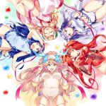  5girls barefoot blonde_hair blue_eyes breasts china_dress chinese_clothes circlet covered_navel double_bun dragon_girl elbow_gloves fang fingerless_gloves from_below gloves green_eyes hair_ornament haku_(p&amp;d) highres horns kaki_s karin_(p&amp;d) leilan_(p&amp;d) long_hair meimei_(p&amp;d) multicolored_hair multiple_girls navel one_eye_closed open_mouth orb purple_hair puzzle_&amp;_dragons ribbon sakuya_(p&amp;d) silver_hair thigh-highs turtle_shell twintails two-tone_hair very_long_hair 