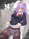  /\/\/\ 1girl animal_ears blazer blouse blush breasts bunny_tail embarrassed hisui_(stapspats) long_hair looking_at_viewer necktie open_mouth panties panties_under_pantyhose pantyhose pleated_skirt purple_hair rabbit_ears red_eyes reisen_udongein_inaba skirt solo striped striped_panties tail touhou translation_request underwear 