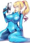  1girl blonde_hair blue_eyes bodysuit breasts gun handgun impossible_clothes large_breasts long_hair looking_at_viewer metroid nagase_haruhito ponytail samus_aran sitting skin_tight solo wariza weapon zero_suit 