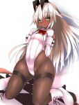  1girl animal_ears bare_shoulders blush boots bowtie breasts bunny_girl bunny_tail bunnysuit cleavage dark_skin detached_collar detached_sleeves elf fake_animal_ears fishnet_pantyhose fishnets green_eyes highres kneeeling leotard looking_at_viewer open_mouth original pantyhose pointy_ears rabbit_ears silver_hair solo souma_(ordures) tail wrist_cuffs 