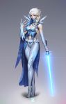  1girl blonde_hair blue_eyes braid elsa_(frozen) energy_sword fingernails frozen_(disney) grey_background highres hips legs lightsaber lips long_fingernails long_hair paul_kwon solo standing star_wars sword thighs weapon 