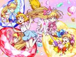  5girls :d ;d asahina_mirai blonde_hair blue_skirt boots bow braid broom broom_riding candy choker cure_miracle diamond earrings gem hair_bow hairband half_updo jewelry knee_boots kneehighs long_hair looking_at_viewer magical_girl mahou_girls_precure! matatabi_(karukan222) mini_witch_hat multiple_girls multiple_persona one_eye_closed open_mouth orange_bow outstretched_hand pink_bow pink_hat pink_skirt ponytail precure purple_bow red_bow ruby_(stone) ruby_style sapphire_(stone) sapphire_style shoes short_hair skirt smile topaz_(stone) topaz_style violet_eyes white_legwear yellow_skirt 