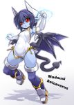  1girl armpits bare_shoulders black_hair black_sclera blue_skin character_name china_dress chinese_clothes demon_girl demon_horns demon_tail demon_wings dress elbow_gloves gloves highres horns karukan_(monjya) looking_at_viewer low_wings open_mouth pointy_ears purple_legwear red_eyes seizaverus shadow shinrabanshou short_dress short_hair solo tail thigh-highs white_gloves wings 