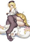  1girl :3 :d ass bangs blonde_hair detached_sleeves drill_hair fingerless_gloves full_body fur gloves hand_to_own_mouth hat highres jewelry kyubey long_hair looking_at_another lying magical_girl mahou_shoujo_madoka_magica no_shoes on_side one_eye_closed open_mouth panties pantyshot pantyshot_(lying) pleated_skirt puffy_short_sleeves puffy_sleeves ribbon ring short_sleeves simple_background skirt smile squeezing streamingsun striped striped_legwear thigh-highs tomoe_mami twin_drills twintails underwear upskirt vertical-striped_legwear vertical_stripes white_background white_panties white_ribbon yellow_eyes yellow_skirt 