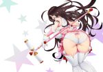  1girl aa_megami-sama ahoge arm_garter ass ass_cutout black_hair breasts facial_hair facial_mark forehead_mark gloves heart huge_ahoge large_breasts long_hair looking_at_viewer looking_back magical_girl open_mouth panties simple_background skuld solo staff star stormcow underwear very_long_hair white_background white_gloves white_legwear white_panties yellow_eyes 