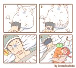  1boy 1girl 4koma anger_vein animal_ears artist_name black_hair blank_eyes blush braid bunny_girl carrot comic greenteaneko heavy object_hug original pajamas rabbit rabbit_ears redhead silent_comic single_braid sleeping stuffed_carrot sweat tears under_covers zzz 