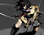  1girl amagami armband black_hair blazer bleeding blood boots concealed_sword cuts drawing_sword flashing grey_background hair_blowing holding_sword holding_weapon iaidou injury kneeling long_hair looking_to_the_side messy_hair mop motion_lines open_collar red_eyes sasaoka_gungu skirt solo style_request sword tanamachi_kaoru weapon 