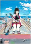  1girl absurdres akagi_(kantai_collection) arm_support arrow bangs black_hair blue_sky building clouds crane drydock flight_deck giantess green_eyes hand_on_lap highres horizon japanese_clothes kantai_collection long_hair looking_away looking_down looking_to_the_side motor_vehicle muneate nontraditional_miko ocean open_mouth outdoors people puddle quiver red_skirt rigging shadow shoes single_glove sitting skirt sky smile solo sunlight thigh-highs toppoco truck vehicle water wet wet_hair white_legwear yugake 