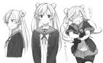  1girl abukuma_(kantai_collection) bike_shorts closed_eyes double_bun fingerless_gloves from_side gloves hair_rings kantai_collection kinosuke_(sositeimanoga) long_hair looking_at_viewer monochrome multiple_views open_mouth remodel_(kantai_collection) school_uniform serafuku shorts_under_skirt sketch skirt smile tears twintails v_arms wavy_mouth 