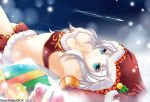  1girl ashe_(league_of_legends) blue_eyes breasts cleavage elbow_gloves gloves hat league_of_legends long_hair looking_at_viewer lying on_back red_gloves rokugatsu_no_usagi santa_hat sideboob sivler_hair snow solo 