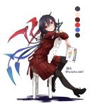  1girl alternate_costume asymmetrical_wings black_hair black_legwear blush boots chair color_guide contemporary full_body high_heels houjuu_nue long_sleeves looking_at_viewer paintbrush pantyhose red_eyes short_hair simple_background sitting smile solo striped touhou toutenkou twitter_username white_background wings 