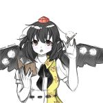  1girl absurdres bird_wings black_hair black_wings blush brown_eyes hat hat_ribbon highres looking_at_viewer mmoe_chan notebook notepad open_mouth pointy_ears pom_pom_(clothes) puffy_short_sleeves puffy_sleeves ribbon shameimaru_aya shirt short_hair short_sleeves simple_background sketch solo tokin_hat touhou upper_body white_background wings 