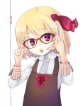  1girl blonde_hair bow glasses hair_bow murani open_mouth raised_eyebrow red_eyes rumia short_hair solo touhou white_background 