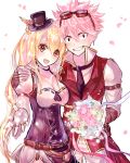  1boy 1girl black_eyes black_gloves black_necktie blonde_hair breasts brown_eyes cherry_blossoms cleavage fairy_tail fingerless_gloves glasses_on_head gloves hat highres holding_bouquet lium long_hair lucy_heartfilia mini_hat natsu_dragneel open_mouth pink_hair ribbon short_hair simple_background spiky_hair white_background white_gloves 