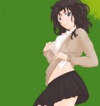  1girl amagami black_eyes black_hair black_skirt blazer breasts eyelashes green_background hair_over_shoulder highres light_smile long_hair looking_at_viewer messy_hair navel no_bra open_clothes open_shirt school_uniform shirt shirt_lift shirt_pull sideboob simple_background skirt solo tanamachi_kaoru waist winu_(pixiv288510) 