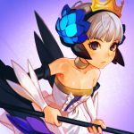  1girl armpits bangs bare_shoulders blunt_bangs breasts cleavage collarbone detached_sleeves dress expressionless flower gradient gradient_background gwendolyn hair_flower hair_ornament hairband holding_staff ilya_kuvshinov long_sleeves looking_at_viewer odin_sphere purple_background rod short_hair silver_hair simple_background small_breasts solo staff strapless_dress tiara upper_body violet_eyes white_dress wings 