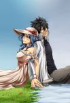  1boy 1girl black_eyes black_hair blue_eyes blue_hair dress fairy_tail gray_fullbuster hat juvia_lockser outdoors short_hair sitting snow spiky_hair 