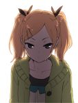  1girl blonde_hair grey_eyes hair_ornament hair_ribbon hairclip ikesin looking_at_viewer mole mole_under_eye ribbon shirobako short_hair solo twintails yano_erika 