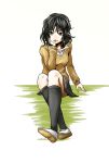  1girl amagami black_eyes black_hair black_legwear chin_rest crossed_legs elbow_on_knee facing_viewer kneehighs long_hair looking_at_viewer messy_hair moko6500 shoes simple_background sitting skirt solo tanamachi_kaoru uwabaki white_background 